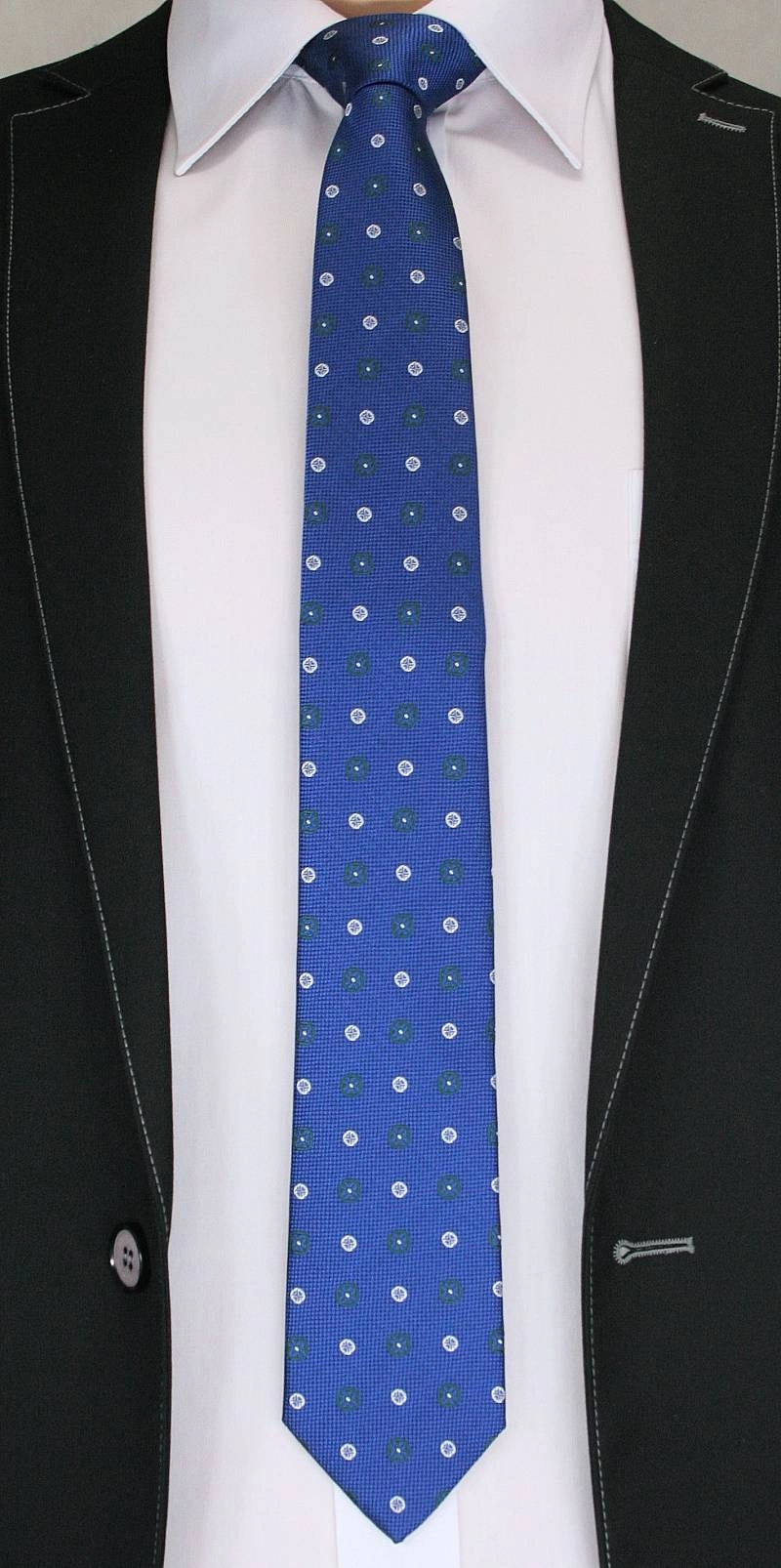 Elegancki Krawat Męski w Grochy i Kwiatki -6,5cm- Chattier, Niebieski