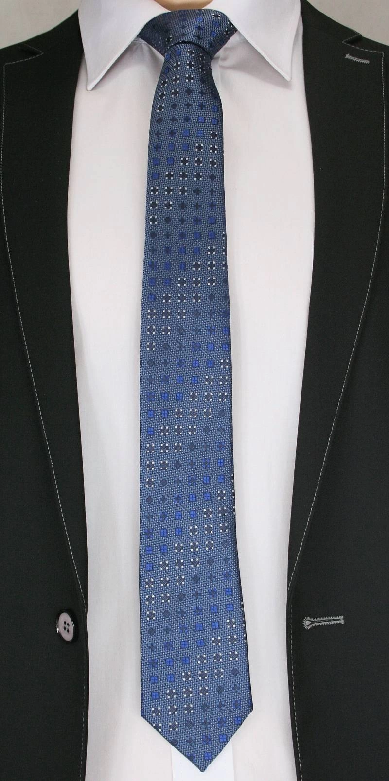 Stylowy Krawat Męski - Motyw Geometryczny - Chattier - 6,5 cm, Ciemny Niebieski