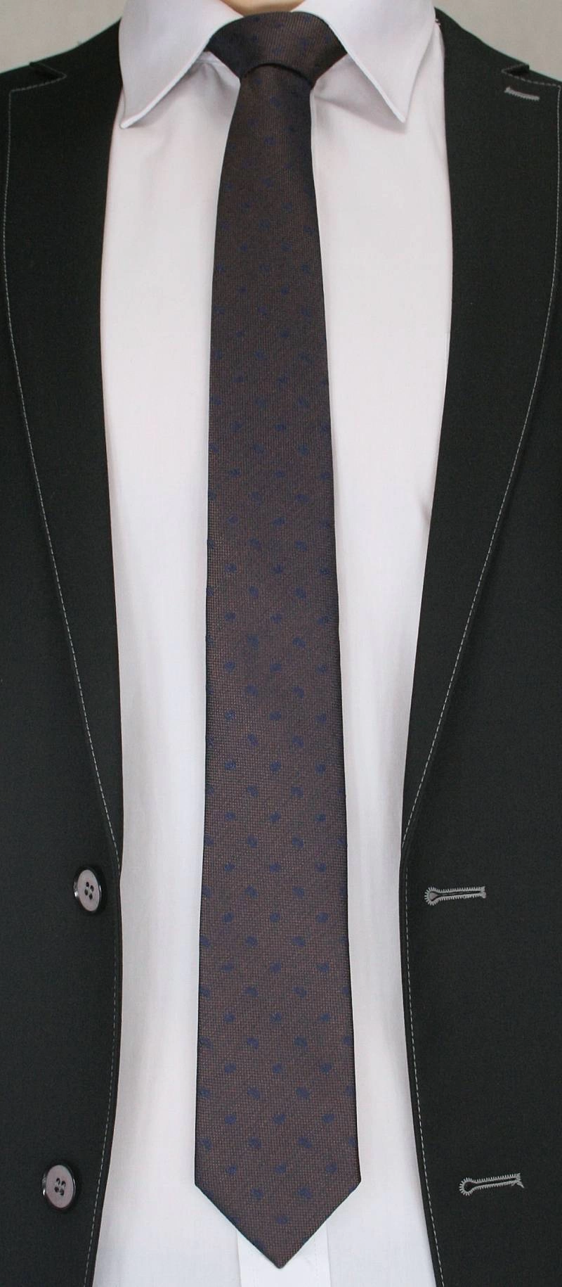 Krawat Męski w Drobny, Granatowy Wzór Paisley - Chattier, Ciemny Brązowy