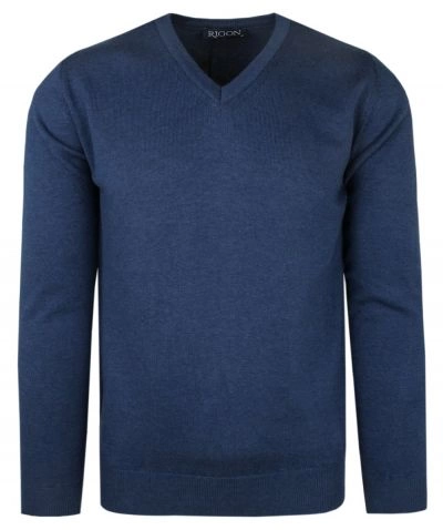 Elegancki Męski Sweter Polskiej Marki Rigon – V-neck (serek) - Niebieski