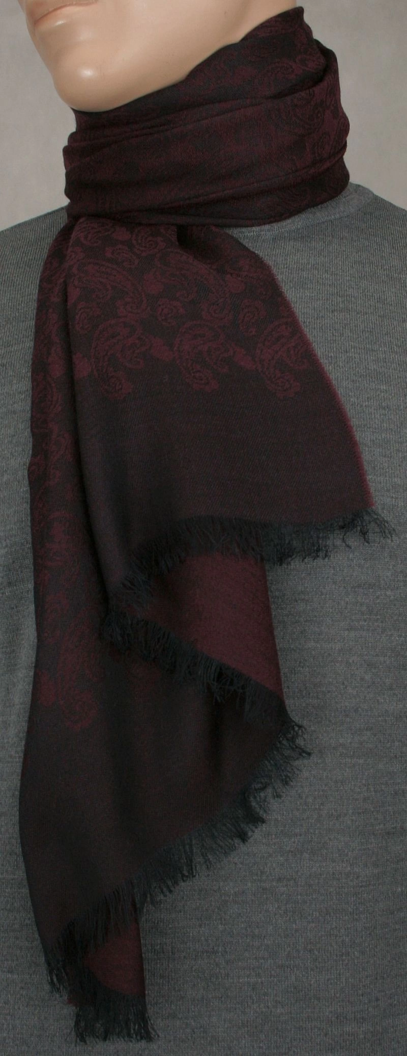 Elegancki szal - wełna z wiskozą - bordo, wzór paisley