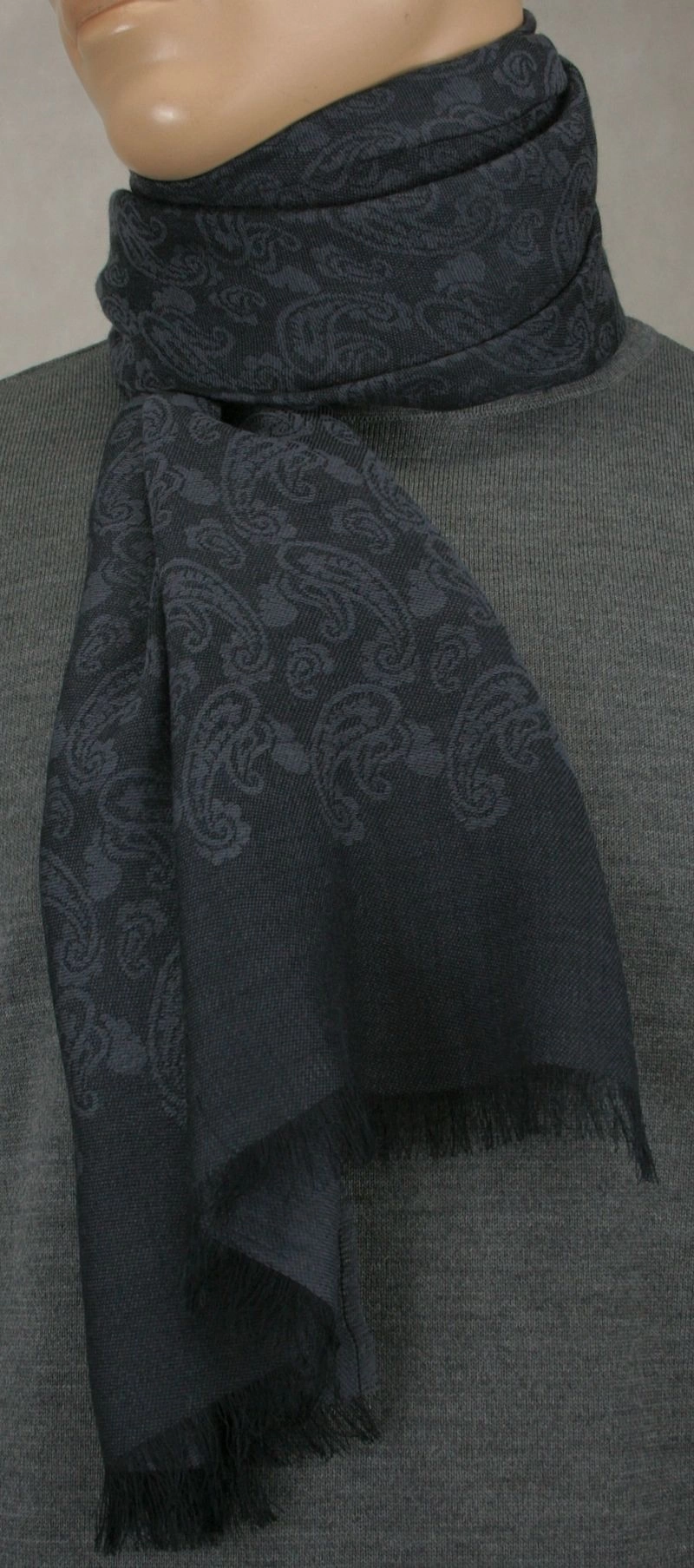 Elegancki szal - wełna z wiskozą - popielaty, wzór paisley