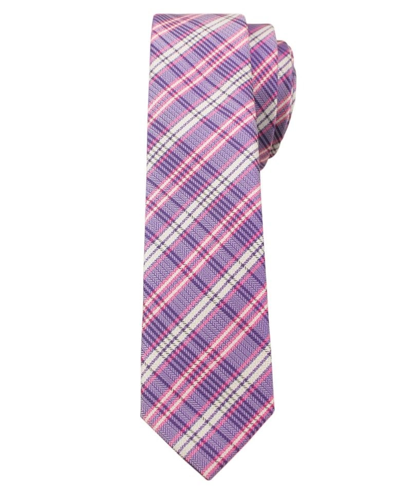 Fioletowo-Różowy Stylowy Krawat (Śledź) Męski -ALTIES- 5 cm, Wąski, w Kratkę