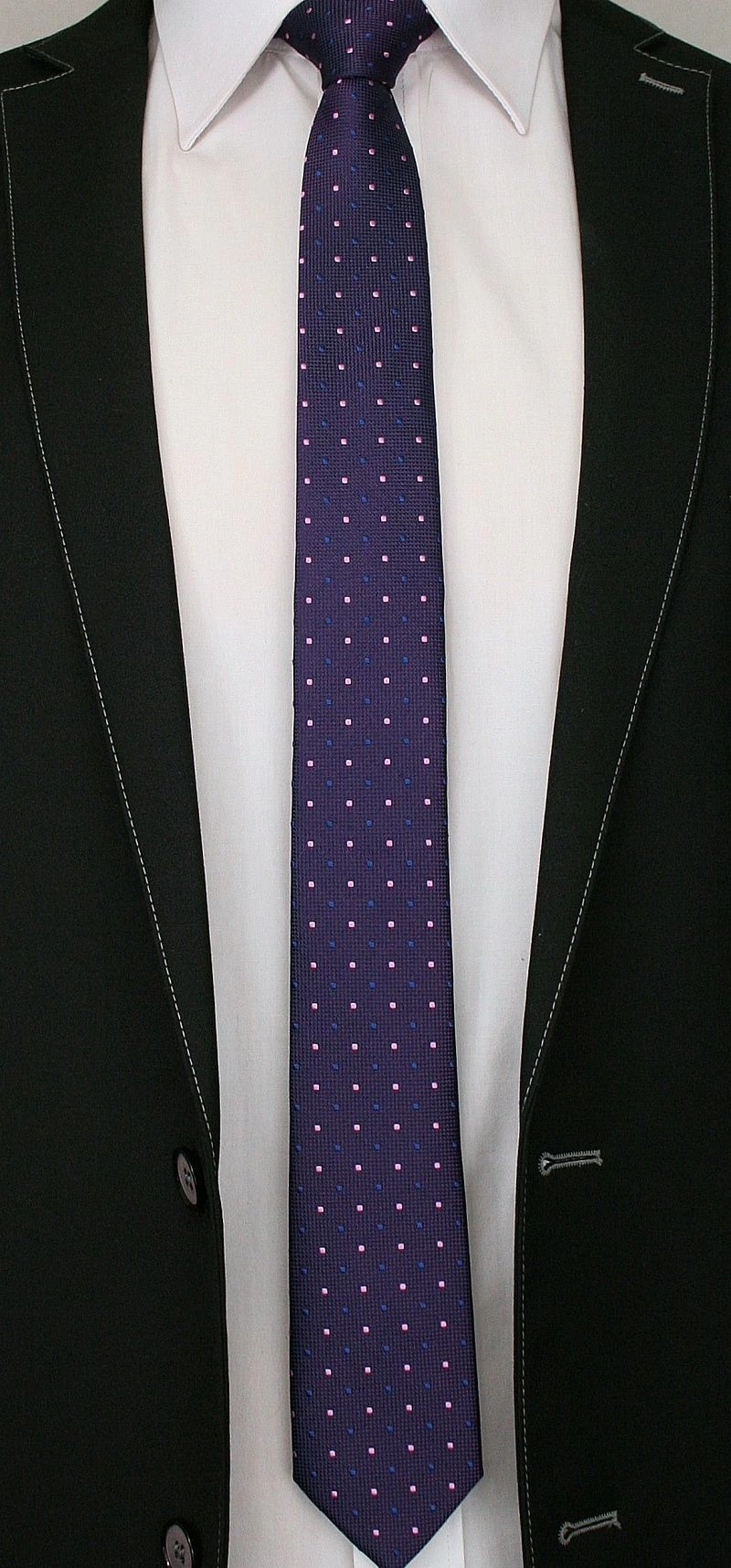 Fioletowy Elegancki Krawat Męski -ALTIES- 6 cm, w Niebiesko-Różowe Kropki