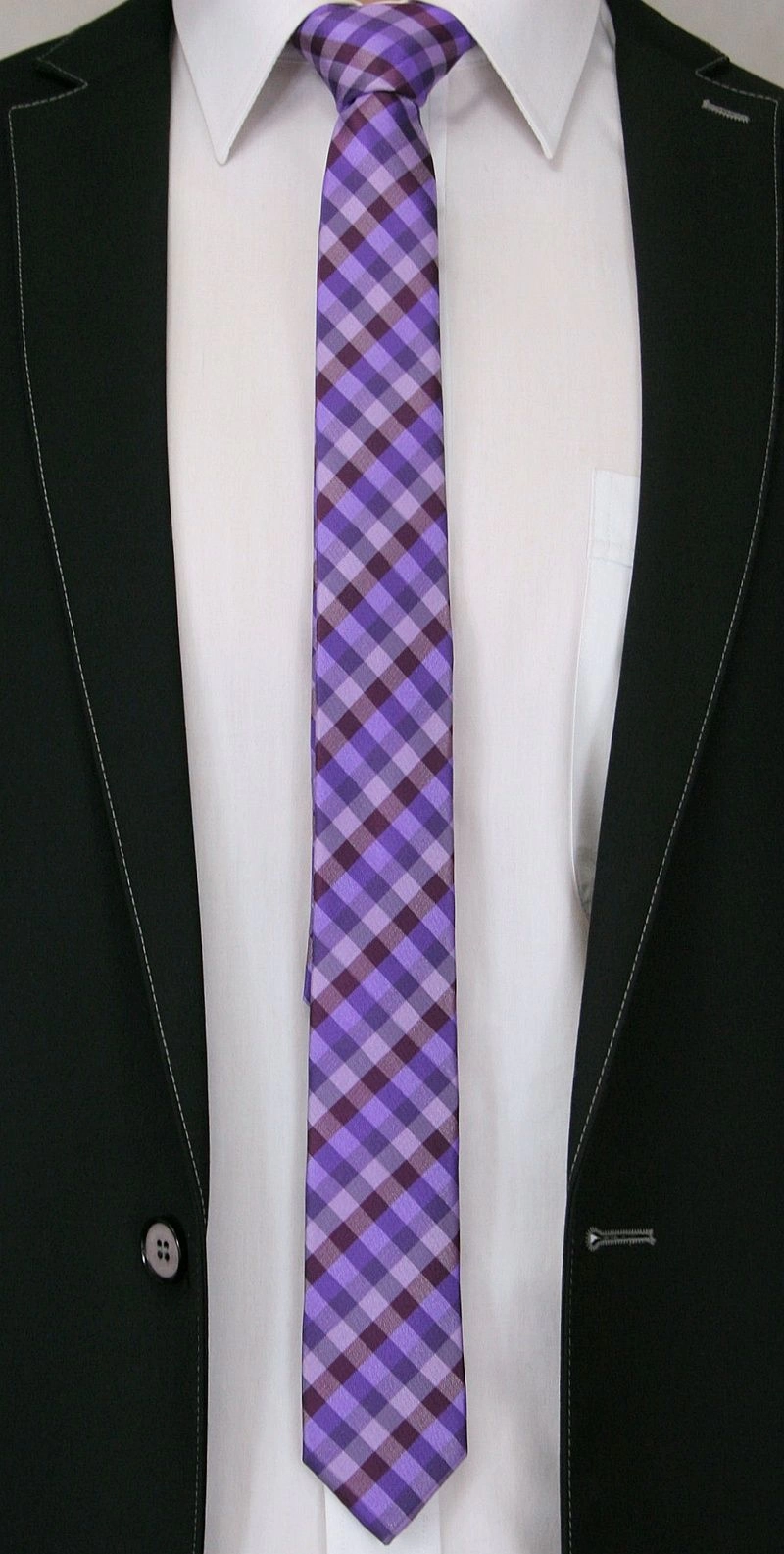 Fioletowy Stylowy Krawat (Śledź) Męski -ALTIES- 5 cm, Wąski, Wrzosowy w Drobną Kratkę