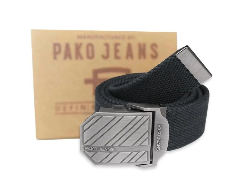 Grafitowy Solidny Materiałowy Pasek -Pako Jeans- 110 cm, Militarny, Klamra Zamykana Manualnie