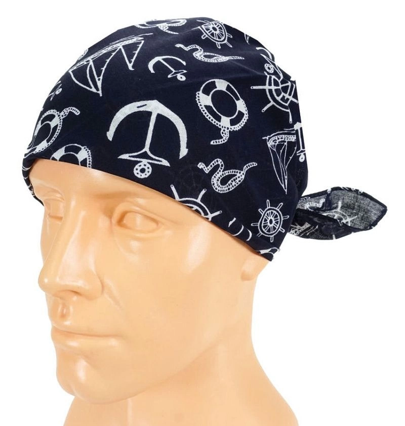 Granatowa Bandana, Bandamka Męska -Pako Jeans- w Biały Wzór Marinistyczny, Kotwice, Koła Sterowe