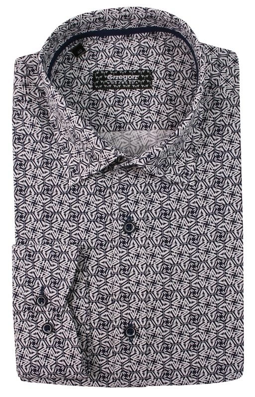 Granatowa Bawełniana Koszula z Długim Rękawem -GRZEGORZ MODA MĘSKA- Taliowana, Geometryczny Wzór