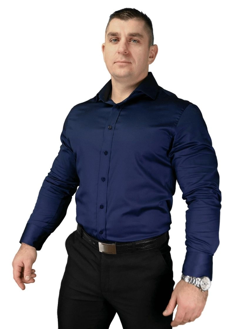 Granatowa Koszula Męska -ATLETO- z Długim Rękawem, Umięśniony, Silnie Zbudowany, Siłownia, CrossFit