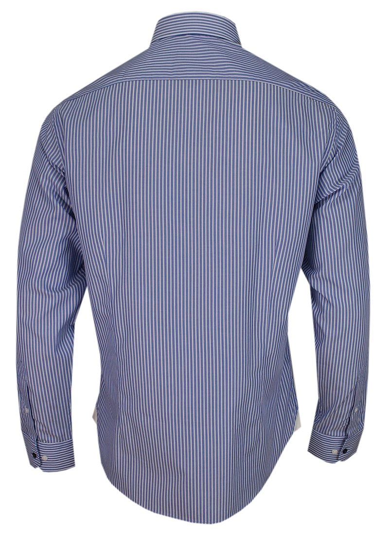 Granatowo-Biała Elegancka Koszula Męska z Długim Rękawem, 100% Bawełna -CHIAO- Taliowana, w Paski