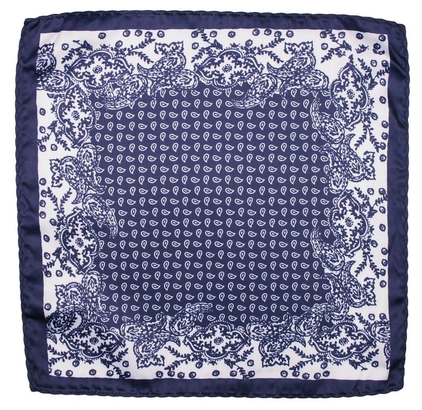 Granatowo-Biała Elegancka Męska Poszetka -ALTIES- 24x24 cm, w Drobny Wzór Paisley