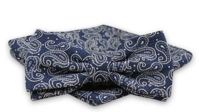 Granatowo-Biała Mucha Męska -ALTIES- z Taką Samą Poszetką, Wzór Paisley, Łezki