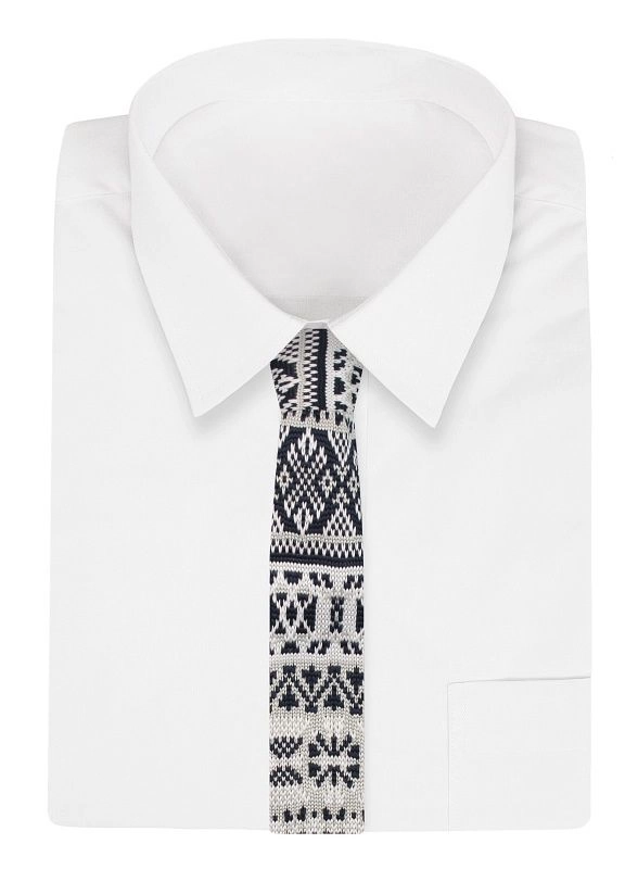 Granatowo-Biały Dziergany, Męski Krawat Knit, 5,5 cm -Alties- Świąteczny, Wzór Norweski, Gwiazdki
