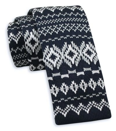 Granatowo-Biały Dziergany, Męski Krawat Knit, 5,5 cm -Alties- Wzór Norweski, Świąteczny