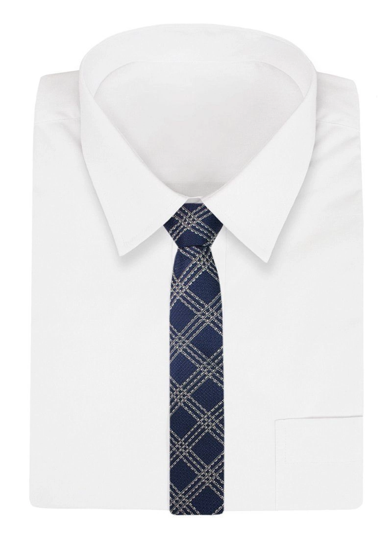 Granatowo-Biały Elegancki Męski Krawat -ALTIES- 7cm, Stylowy, Klasyczny, w Grubą Kratkę