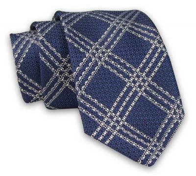Granatowo-Biały Elegancki Męski Krawat -ALTIES- 7cm, Stylowy, Klasyczny, w Grubą Kratkę