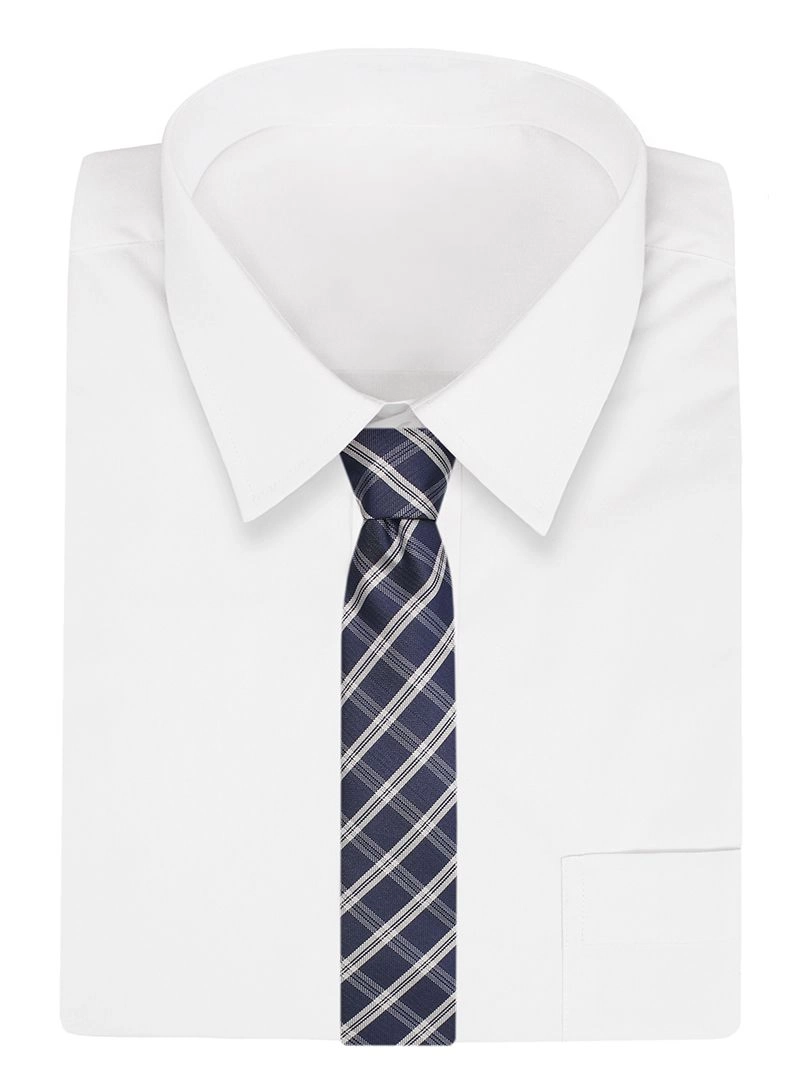 Granatowo-Biały Męski Krawat -Chattier- 7,5cm, Klasyczny, Elegancki, w Kratkę