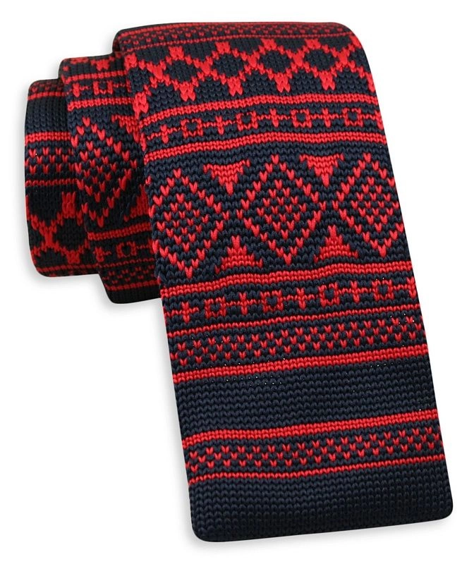 Granatowo-Czerwony Dziergany, Męski Krawat Knit, Wzór Norweski 5,5 cm -Alties- Świąteczny