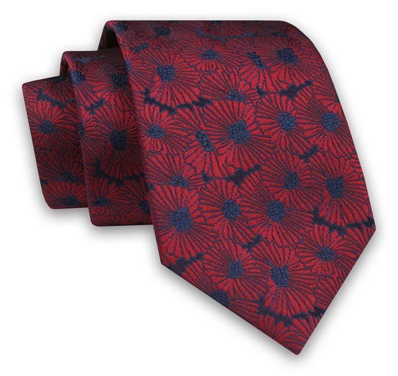 Granatowo-Czerwony Elegancki Męski Krawat -ALTIES- 7cm, Klasyczny, w Kwiatki, Motyw Florystyczny