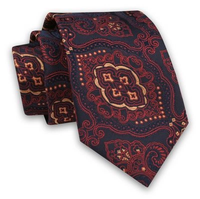 Granatowo-Czerwony Elegancki Męski Krawat -ALTIES- 7cm, Stylowy, Klasyczny, Wzór Orientalny