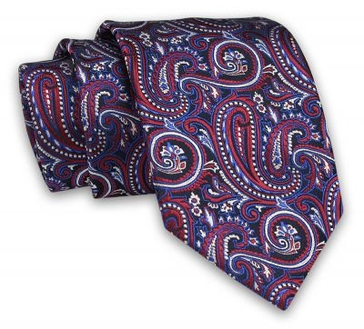 Granatowo-Czerwony Męski Krawat -Chattier- 7,5cm, Klasyczny, Elegancki, Wzór Orientalny, Paisley