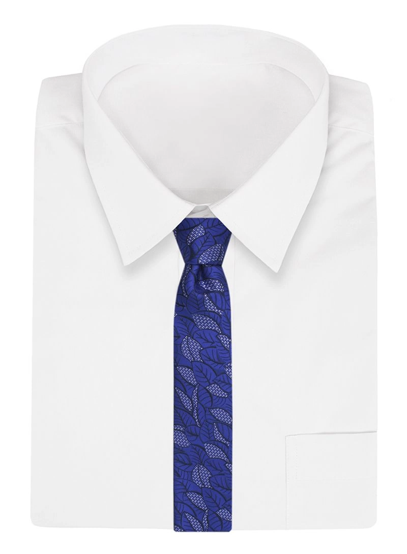 Granatowo-Niebieski Elegancki Męski Krawat -ALTIES- 7cm, Stylowy, Klasyczny, w Listki, Liście