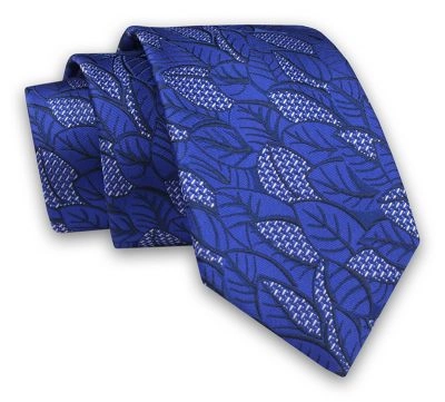 Granatowo-Niebieski Elegancki Męski Krawat -ALTIES- 7cm, Stylowy, Klasyczny, w Listki, Liście