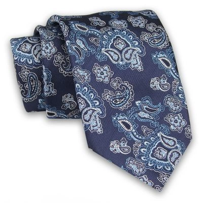 Granatowo-Niebieski Męski Krawat -Chattier- 7,5cm, Klasyczny, Elegancki, Wzór Paisley, Łezki, Nerki