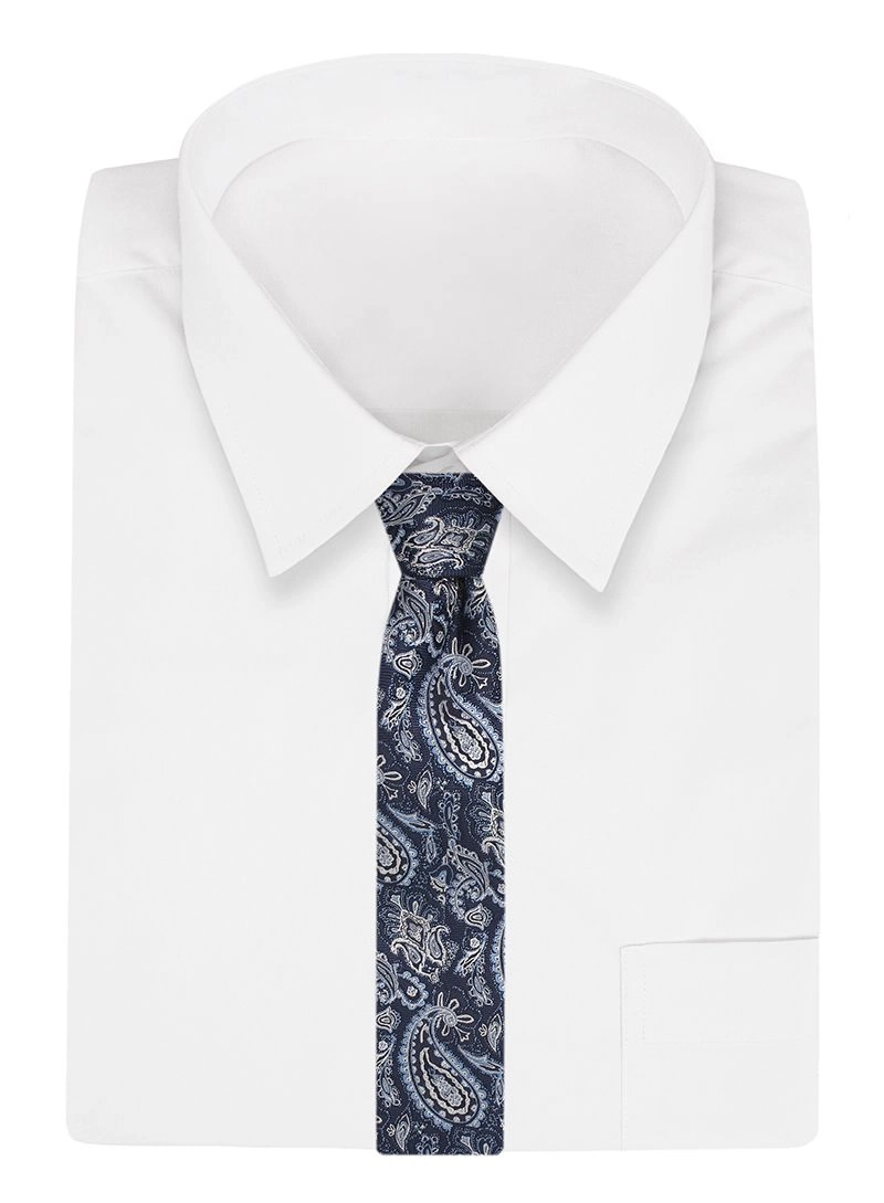 Granatowo-Niebieski Męski Krawat -Chattier- 7,5cm, Klasyczny, Elegancki, Wzór Paisley, Łezki