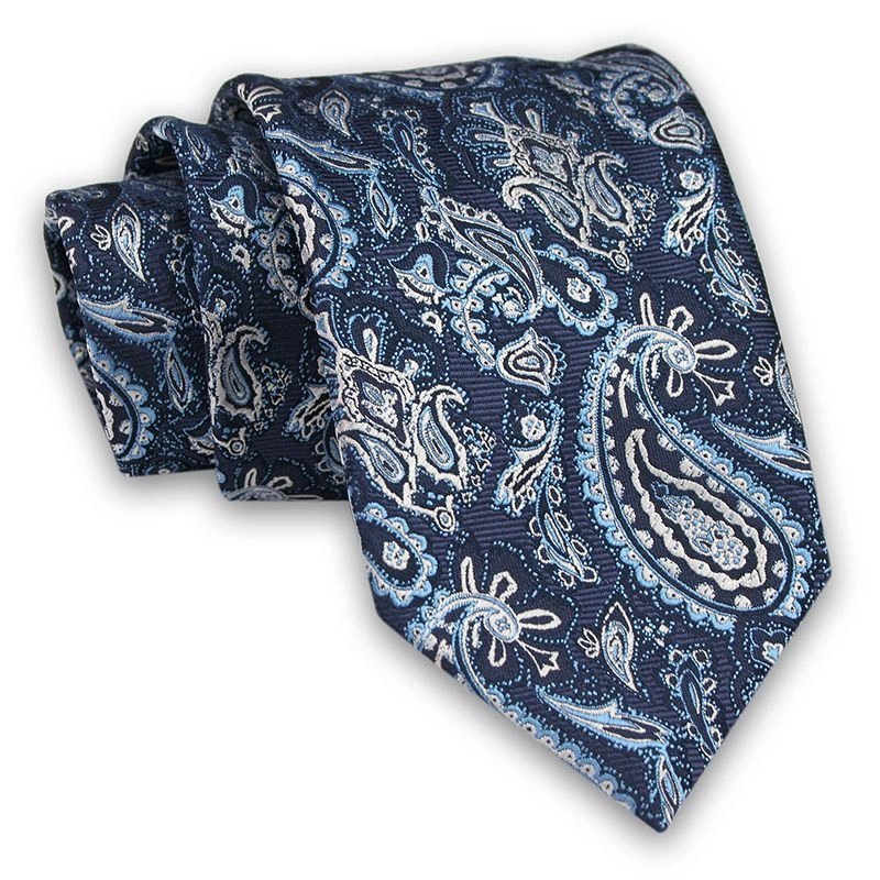 Granatowo-Niebieski Męski Krawat -Chattier- 7,5cm, Klasyczny, Elegancki, Wzór Paisley, Łezki
