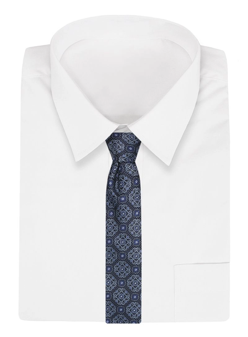 Granatowo-Niebieski Męski Krawat -Chattier- 8 cm, Klasyczny, Elegancki, Wzór Geometryczny