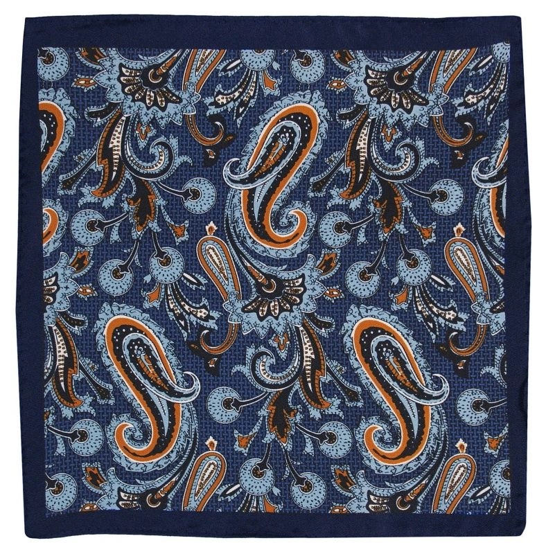 Granatowo-Pomarańczowa Elegancka Męska Poszetka -ALTIES- 22x22 cm, Wzór Paisley, Łezki