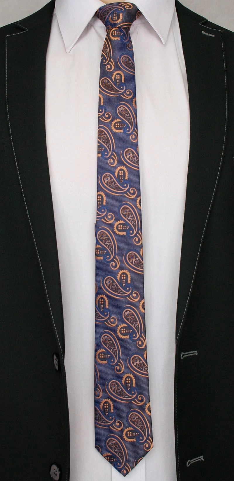 Granatowo-Pomarańczowy Elegancki Krawat w Łezki -ALTIES- 6 cm, Paisley, Męski