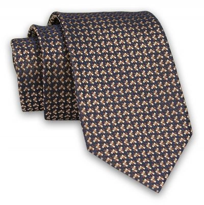 Granatowo-Pomarańczowy Krawat -Chattier- 7 cm, Klasyczny, Elegancki, w Drobny Wzór Geometryczny