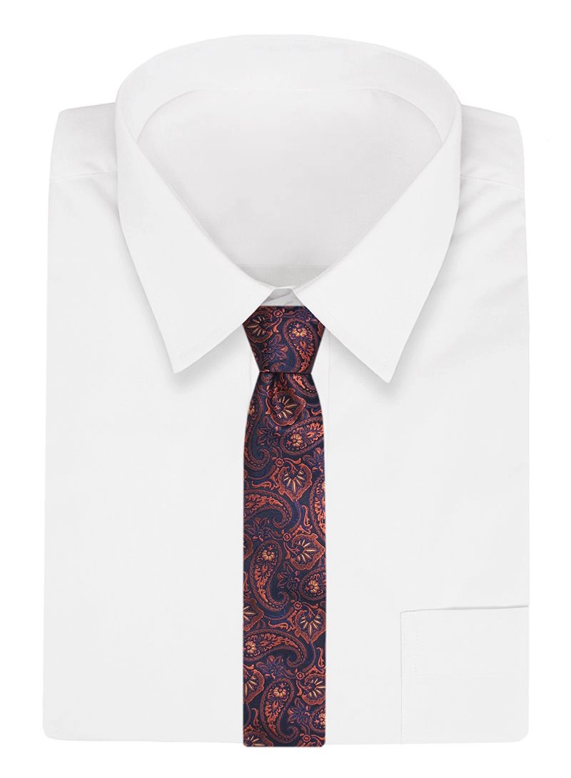 Granatowo-Pomarańczowy Męski Krawat -Chattier- 7,5cm, Klasyczny, Elegancki, Wzór Paisley