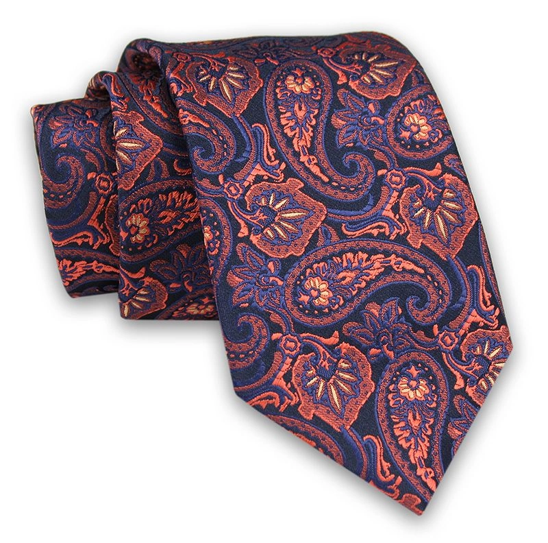Granatowo-Pomarańczowy Męski Krawat -Chattier- 7,5cm, Klasyczny, Elegancki, Wzór Paisley