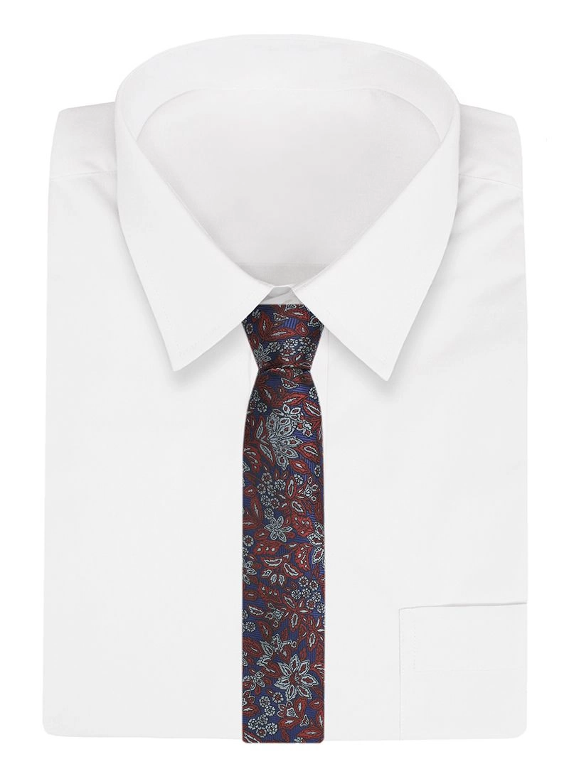 Granatowo-Pomarańczowy Męski Krawat -Chattier- 8 cm, Klasyczny, Elegancki, Wzór Kwiatowy