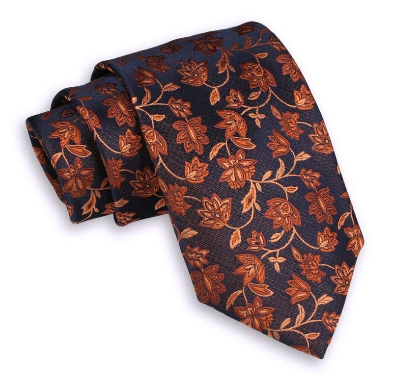 Granatowo-Pomarańczowy Męski Krawat -Chattier- 8cm, Klasyczny, Szeroki, Elegancki, w Kwiaty