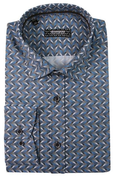 Granatowo-Szara Bawełniana Koszula z Długim Rękawem -GRZEGORZ MODA MĘSKA- Taliowana, Geometryczna