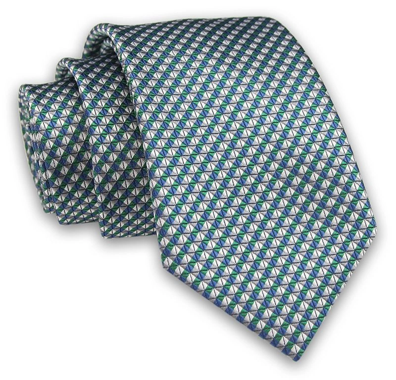 Granatowo-Szaro-Zielony Elegancki Męski Krawat -ALTIES- 7cm, Stylowy, Klasyczny, Wzór Geometryczny