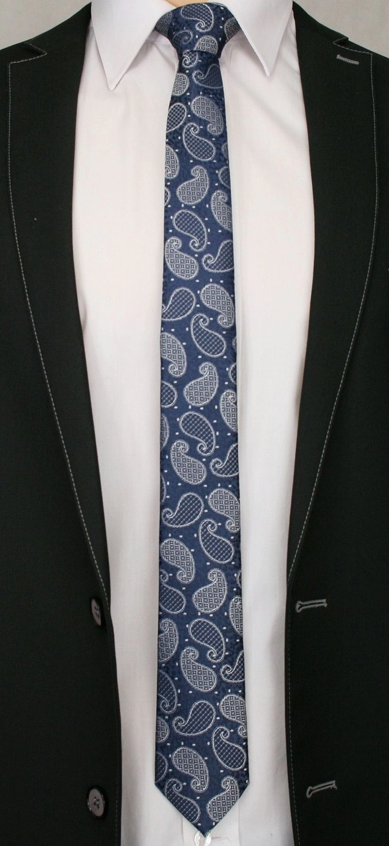 Granatowo-Szary Elegancki Krawat Męski w Paisley -ALTIES- 6 cm, Łezki