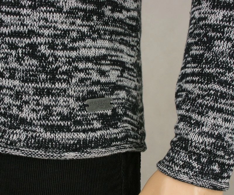 Sweter z Okrągłym Dekoltem, Granatowo-Szary Męski  - BRAVE SOUL - Melanżowy, 100% Bawełna