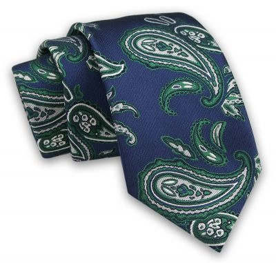 Granatowo-Zielony Elegancki Męski Krawat -ALTIES- 7cm, Stylowy, Klasyczny, Wzór Paisley, Łezki