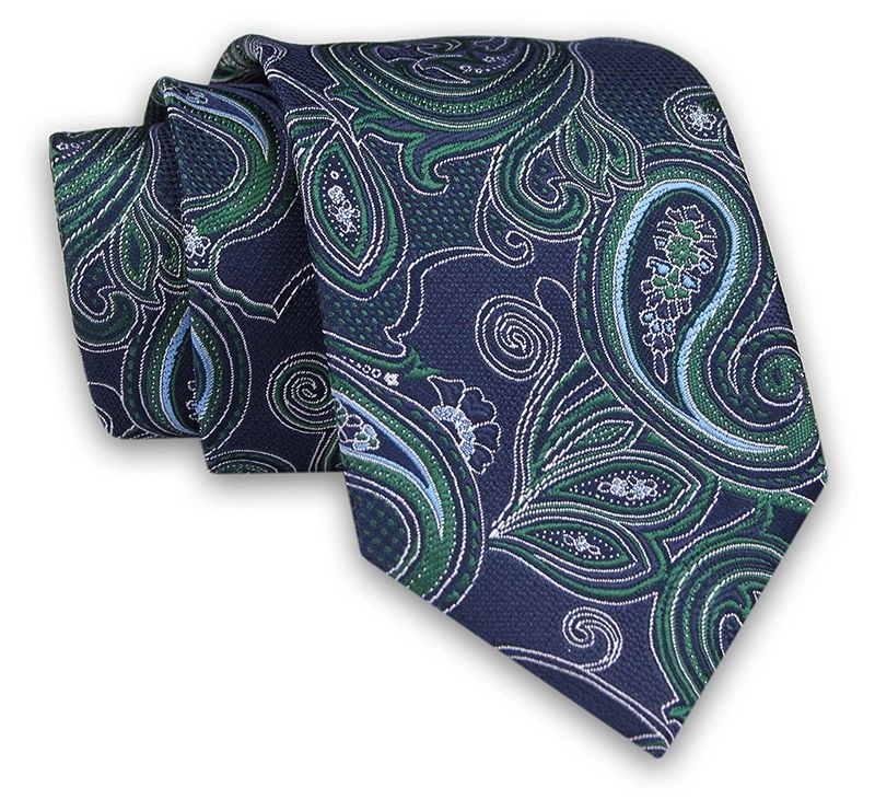Granatowo-Zielony Krawat -Chattier- 8 cm, Klasyczny, Elegancki, Butelkowy, Wzór Orientalny, Paisley
