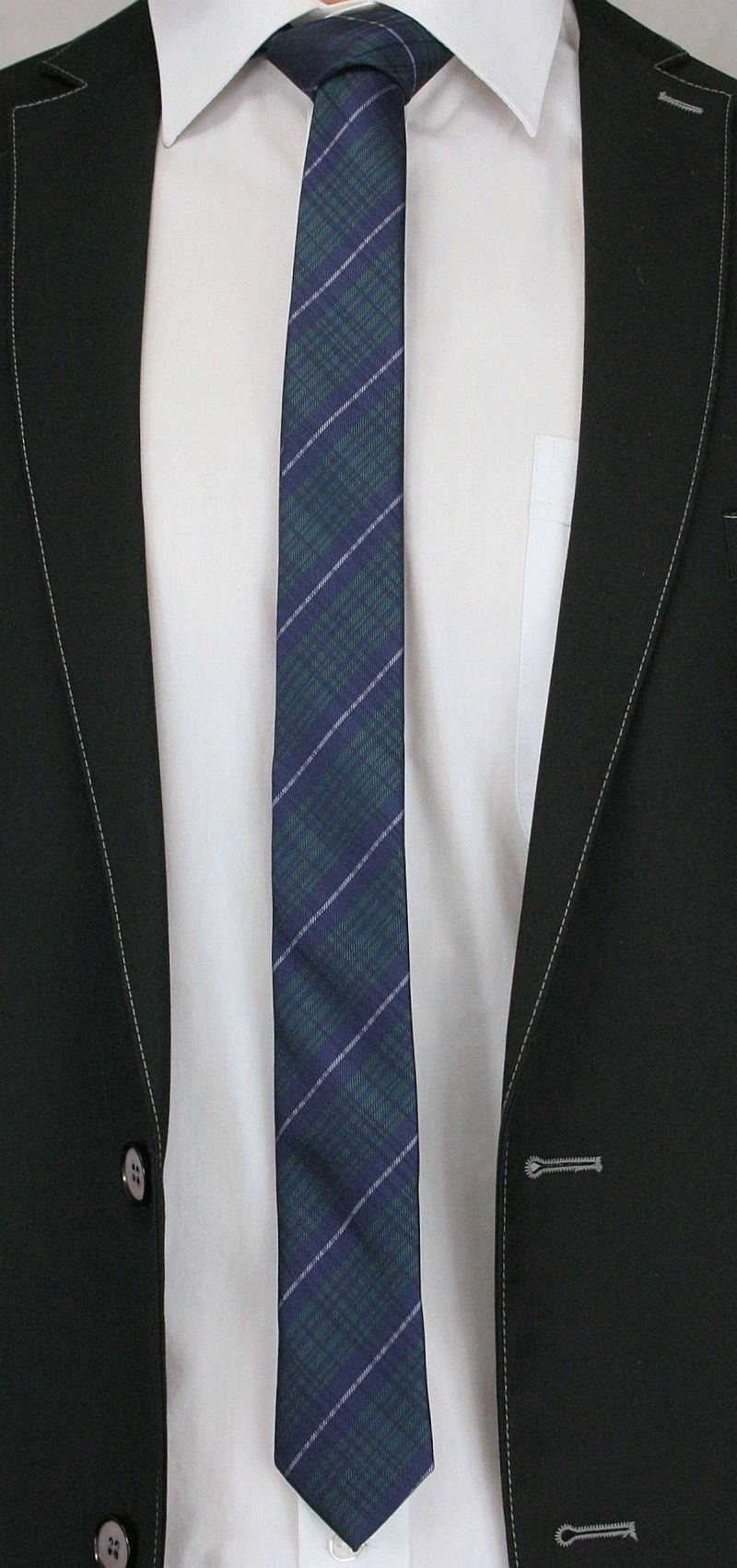 Granatowo-Zielony Stylowy Krawat (Śledź) Męski -ALTIES- 5 cm, Wąski, w Kratkę