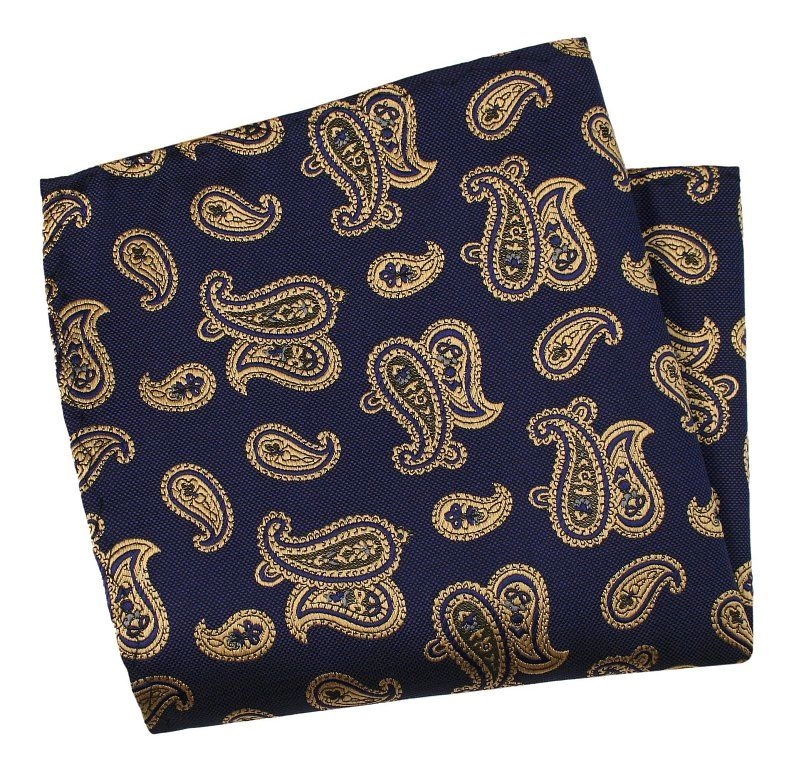 Granatowo-Złota Elegancka Poszetka -ALTIES- 25x25 cm, Męska, Wzór Paisley, Łezki, Nerki