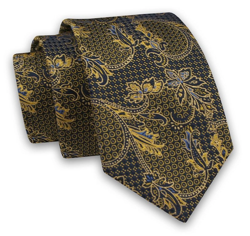 Granatowo-Żółty Elegancki Męski Krawat -ALTIES- 7cm, Stylowy, Klasyczny, Wzór Orientalny