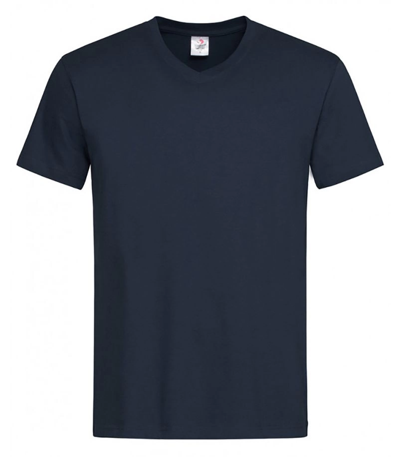 Granatowy Bawełniany T-Shirt w Serek, Męski Bez Nadruku -STEDMAN- Koszulka, Krótki Rękaw, V-neck