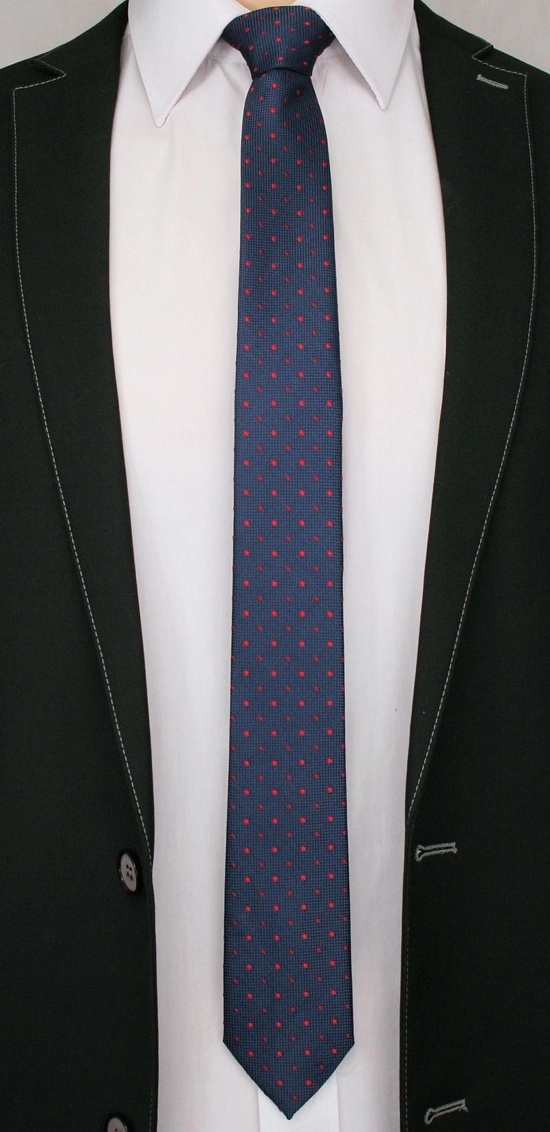 Granatowy Elegancki Krawat Męski -ALTIES- 6 cm, w Czerwone Kropki