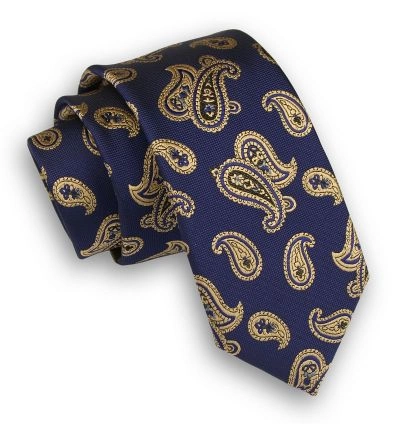 Granatowy Elegancki Krawat Męski -ALTIES- 6 cm, w Złoty Wzór Paisley, Łezki